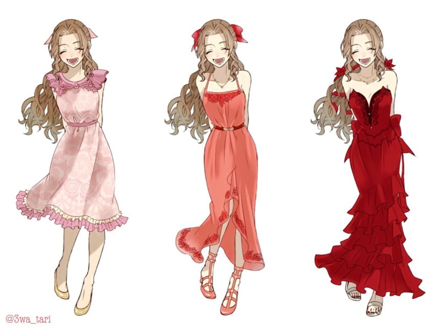 3wa_tari, aerith_gainsborough, aerith_gainsborough_(cheap_pink_dress), aerith_gainsborough_(red_dress), aerith_gainsborough_(ruddy_pink_dress), arms_behind_back, bow, breasts, brown_hair, cleavage, closed_eyes, dress, final_fantasy, final_fantasy_vii, final_fantasy_vii_remake, frilled_dress, frills, full_body, hair_bow, hair_ribbon, multiple_persona, official_alternate_costume, open_mouth, pink_dress, red_dress, ribbon, sandals, simple_background, smile, strapless, strapless_dress, wall_market
