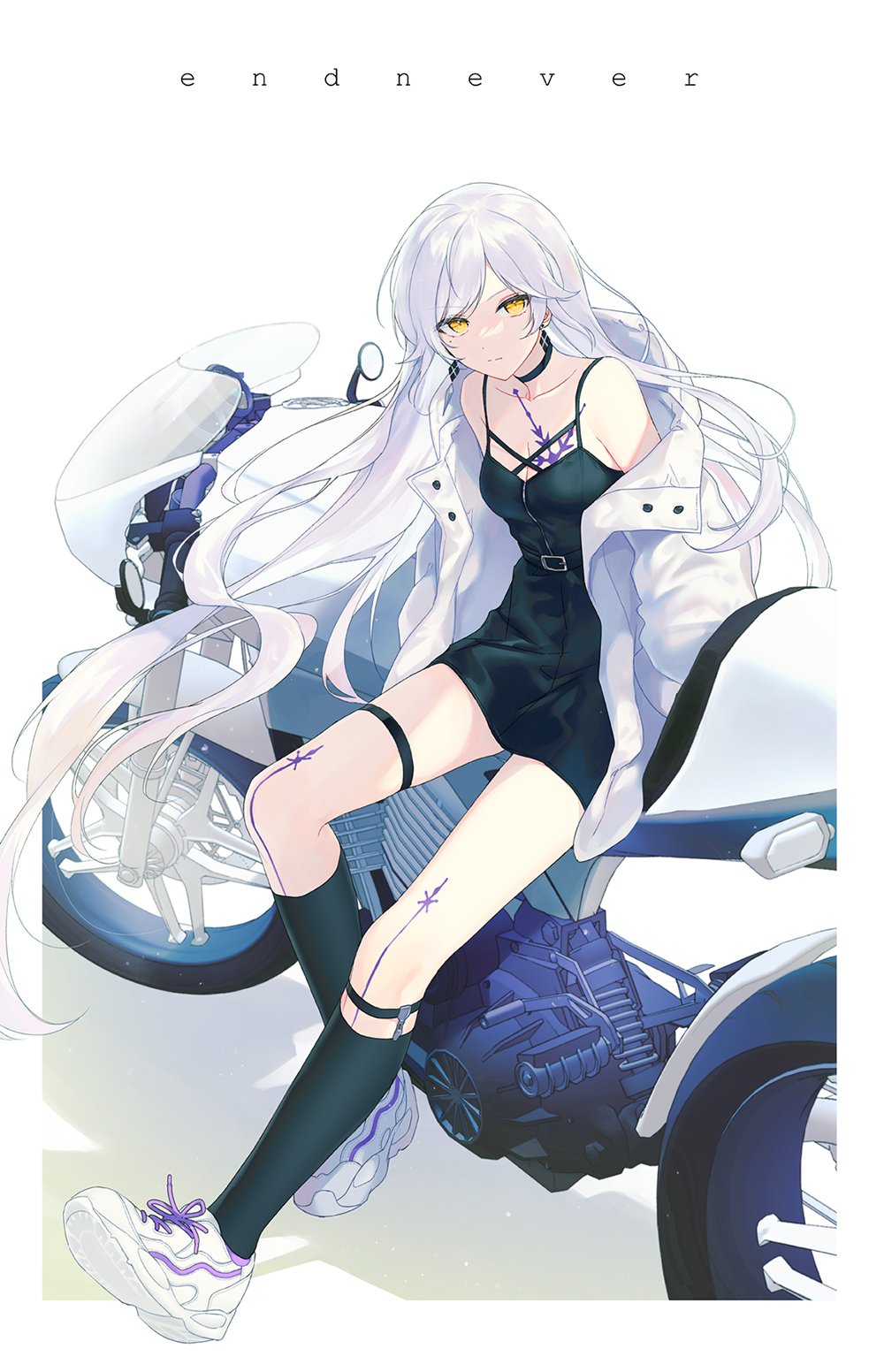 1girl, antoneva, bare_shoulders, belt, belt_buckle, black_belt, black_choker, black_dress, black_socks, breasts, buckle, choker, cleavage, closed_mouth, collarbone, commentary_request, dot_nose, dress, earrings, expressionless, forever_7th_capital, full_body, high-waist_belt, highres, jacket, jewelry, kneehighs, korean_commentary, legwear_garter, long_hair, markings, mole, mole_under_eye, motor_vehicle, motorcycle, off_shoulder, open_clothes, open_jacket, shadow, shoe_soles, shoes, short_dress, sitting, sleeveless, sleeveless_dress, sneakers, socks, solo, spaghetti_strap, split_mouth, tarappang, thigh_strap, very_long_hair, white_hair, white_jacket, white_shoes, yellow_eyes, zipper