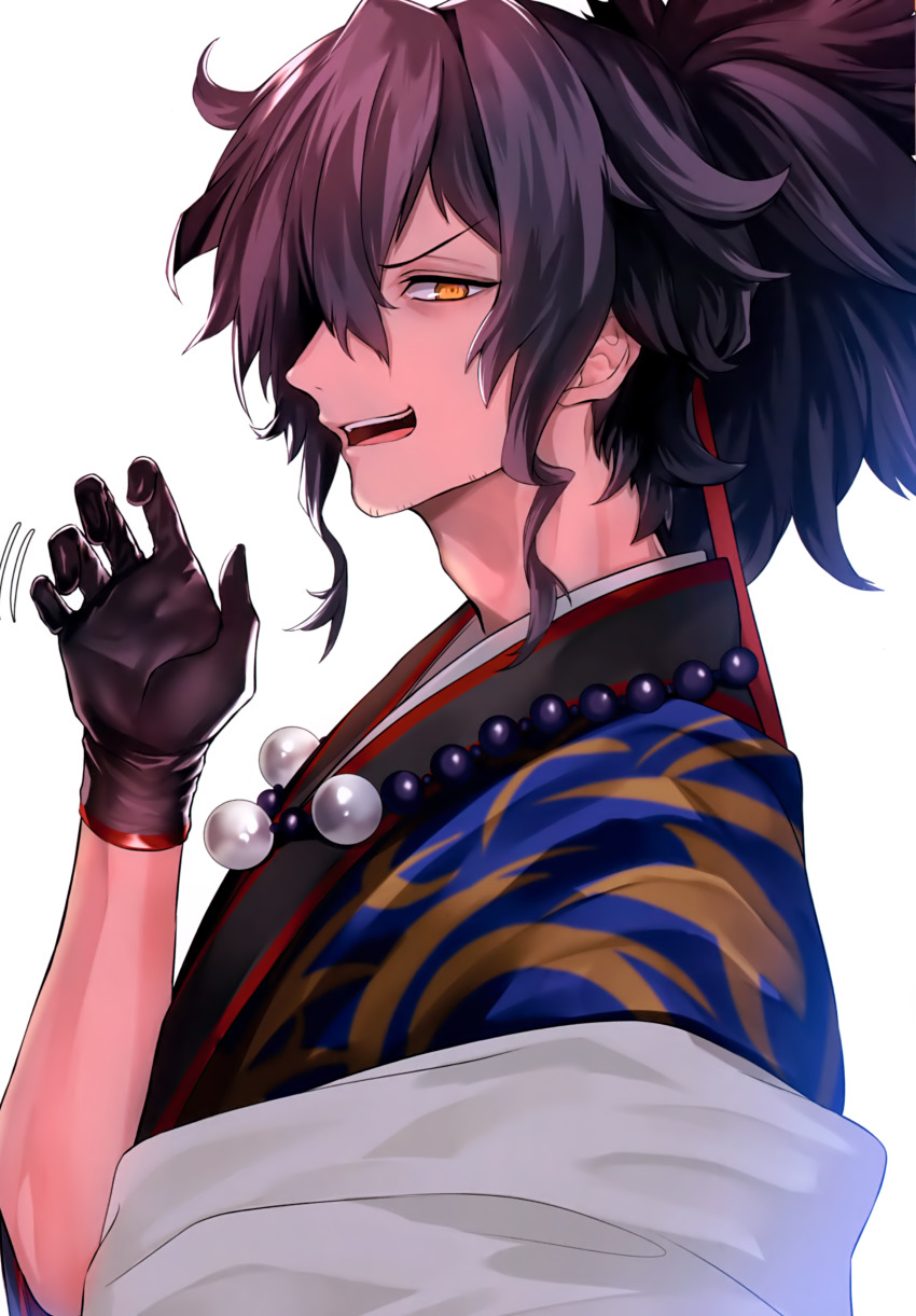 1boy, absurdres, black_hair, coat, fate/grand_order, fate_(series), hakama, hakama_skirt