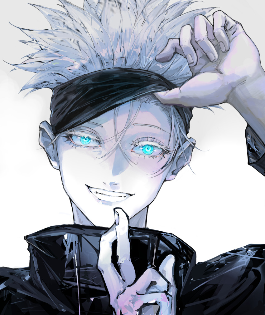 1boy, absurdres, black_jacket, blindfold, blindfold_lift, blue_eyes, colored_eyelashes, crossed_fingers