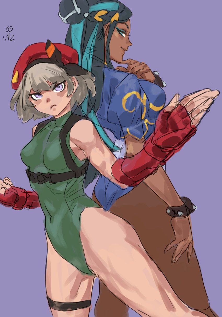 2girls, absurdres, aqua_eyeliner, archvermin, bea_(pokemon), black_hair, cammy_white, cammy_white_(cosplay), capcom, chinese_clothes, chun-li, chun-li_(cosplay), cosplay, dark, dark-skinned_female, dark_skin, eyeliner, fighting_stance, green_leotard, highleg, highleg_leotard, highres, leotard, looking_at_viewer, makeup, multiple_girls, nessa_(pokemon), nintendo, pokemon, pokemon_sword_and_shield, short_hair, simple_background, street_fighter, street_fighter_v, unfinished
