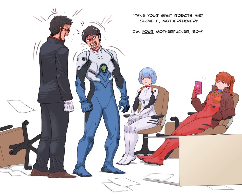 2boys, 2girls, absurdres, alternate_body_size, anger_vein, angry, archvermin, arguing, ayanami_rei, beard, black_hair, blue_bodysuit, blue_eyes, blue_hair, bodysuit, bored, breasts, brown_hair, cellphone, chair, desk, english_text, facial_hair, father_and_child, father_and_son, full_body, gloves, hand_in_pocket, highres, ikari_gendou, ikari_shinji, interface_headset_(evangelion), legs_together, long_hair, mecha_pilot_suit, multiple_boys, multiple_girls, neon_genesis_evangelion, office_chair, parent_and_child, phone, plugsuit_(evangelion), profanity, reclining, red_bodysuit, short_hair, simple_background, sitting, small_breasts, smartphone, source_request, souryuu_asuka_langley, standing, swivel_chair, table_flip, unamused, uninterested, white_background, white_bodysuit, white_gloves