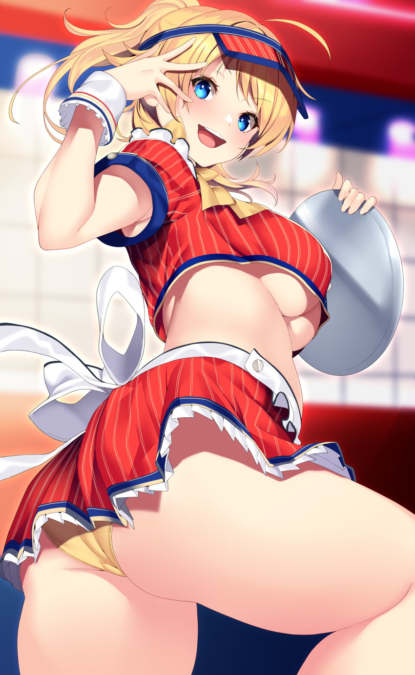1girl, absurdres, ahoge, apron, ass, blonde_hair, blue_eyes, blush