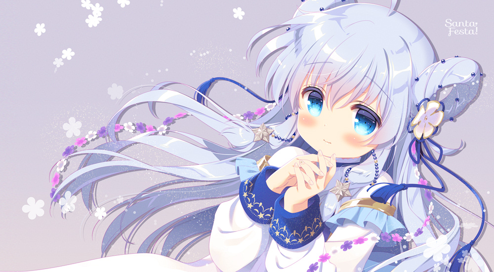 1girl, ahoge, blue_eyes, blue_hair, blush, closed_mouth, commentary_request, dress