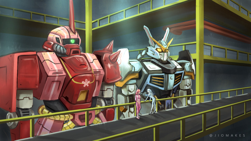 2girls, artist_name, blue_hair, braid, green_eyes, gundam, highres, hololive