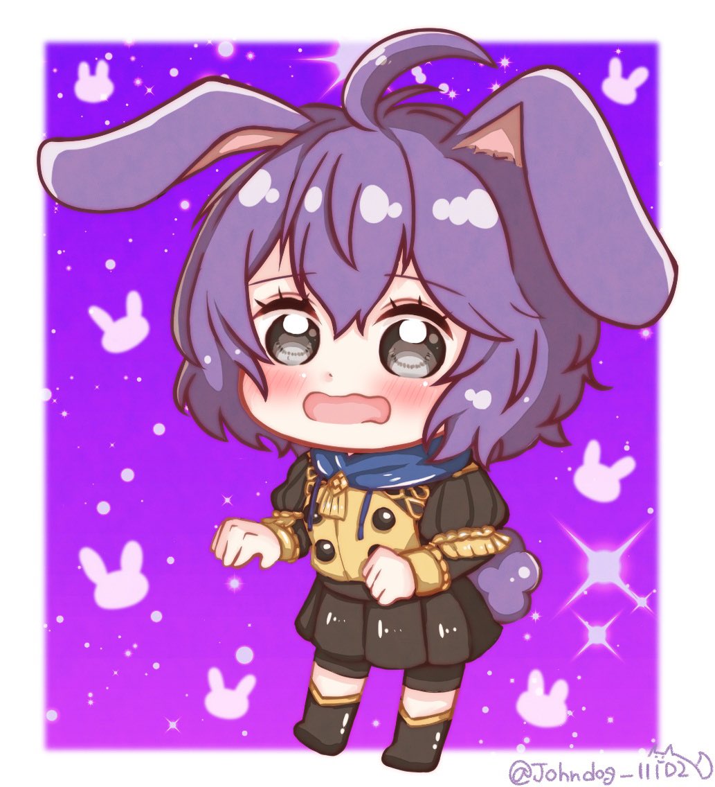 1girl, ahoge, animal_ears, animal_print, bernadetta_von_varley, blush, chibi, commentary_request