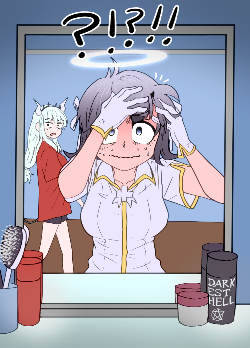 !?, angel, azazel_(helltaker), blue_eyes, breasts, corruption, cross, ddolbang