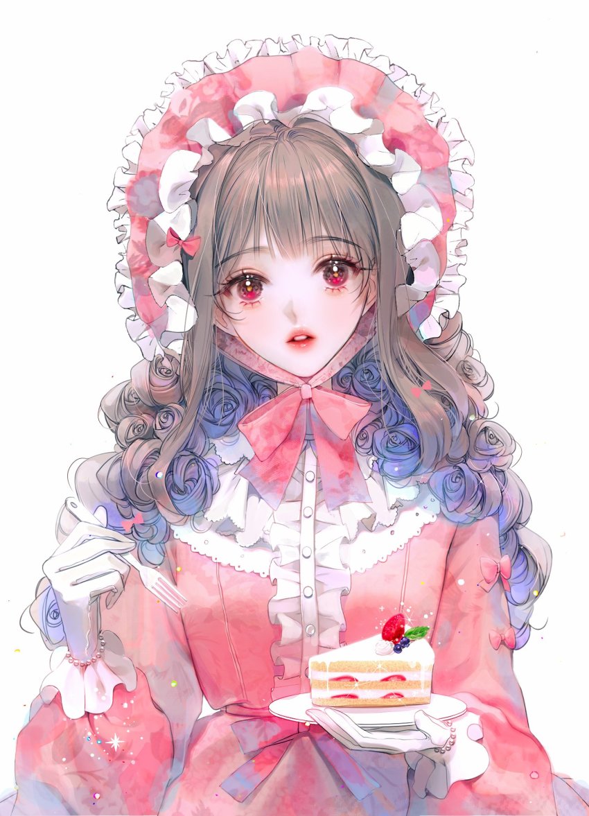 1girl, blueberry, brown_hair, cake, curly_hair, death_mogi, dress, food, fork, frills, fruit, gloves, highres, holding, holding_fork, leaf, long_hair, long_sleeves, looking_at_viewer, original, parted_lips, pink_dress, plate, red_eyes, simple_background, solo, strawberry, strawberry_shortcake, white_background, white_gloves