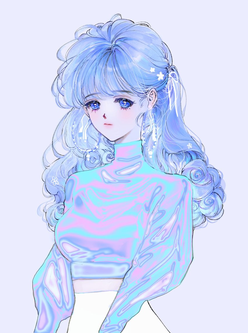 1girl, blue_eyes, blue_hair, curly_hair, death_mogi, earrings, highres, iridescent, jewelry, long_hair, long_sleeves, looking_at_viewer, original, purple_background, purple_theme, simple_background, solo, upper_body