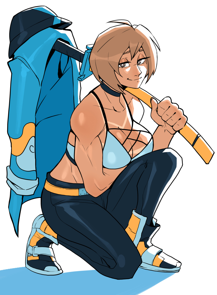 1girl, absurdres, aqua_jacket, belt, black_pants, borrowed_character, breasts, brown_eyes