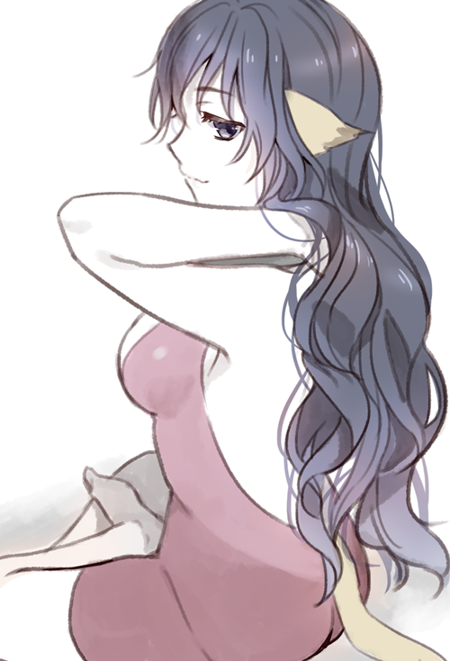 1girl, animal_ears, aquaplus, blue_eyes, blue_hair, breasts, crossed_legs, hair_down