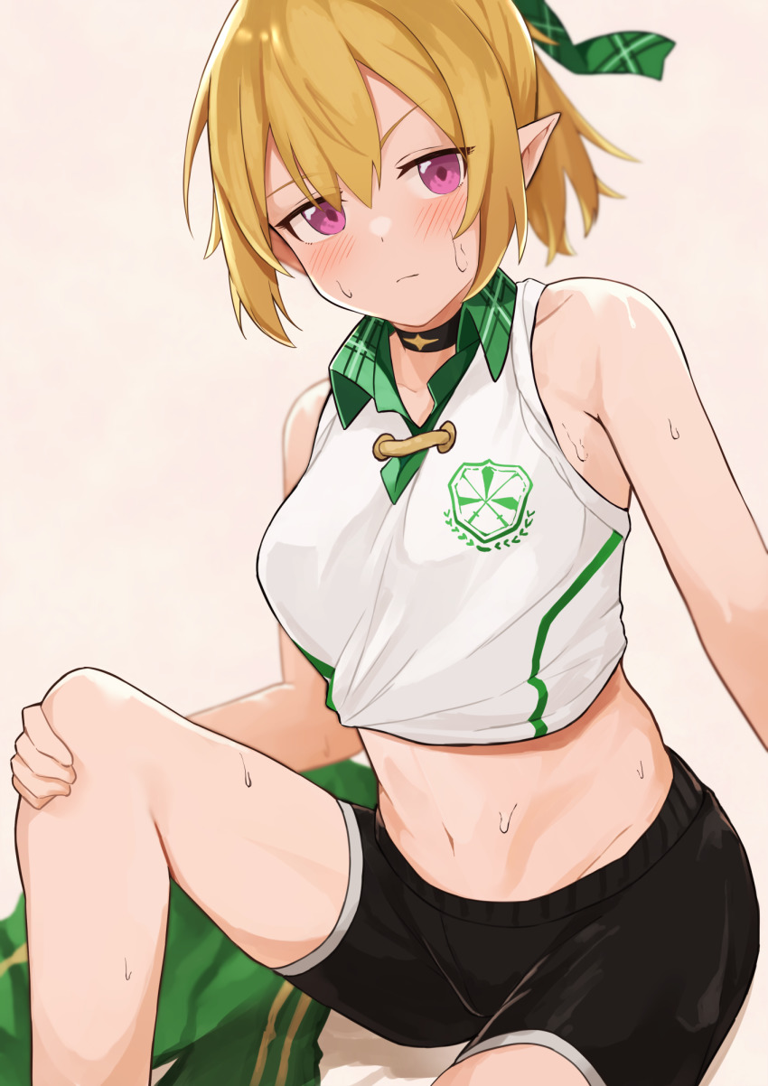 1girl, bare_shoulders, bike_shorts, black_choker, black_shorts, blonde_hair, blush, breasts, chloe_(princess_connect!), chloe_(school_festival)_(princess_connect!), choker, closed_mouth, collarbone, collared_shirt, commentary_request, eyebrows_hidden_by_hair, green_jacket, green_ribbon, hair_between_eyes, hair_ribbon, highres, jacket, knee_up, long_hair, looking_at_viewer, medium_breasts, midriff, navel, official_alternate_costume, plaid_clothes, plaid_collar, plaid_ribbon, pointy_ears, ponytail, princess_connect!, purple_eyes, ribbon, shirt, shorts, sidelocks, simple_background, sitting, sleeves_rolled_up, solo, sportswear, sweat, tied_shirt, unworn_jacket, white_shirt, ya.yu.