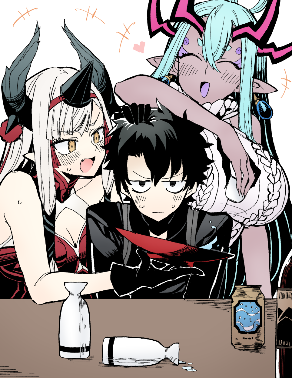 1boy, 2girls, arm_on_own_head, bad_id, bad_pixiv_id, beer_can, black_gloves, black_hair