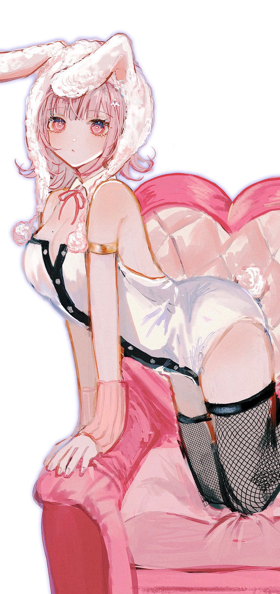 1girl, animal_ears, animal_hood, bad_id, bad_twitter_id, bare_shoulders, black_leotard, blush