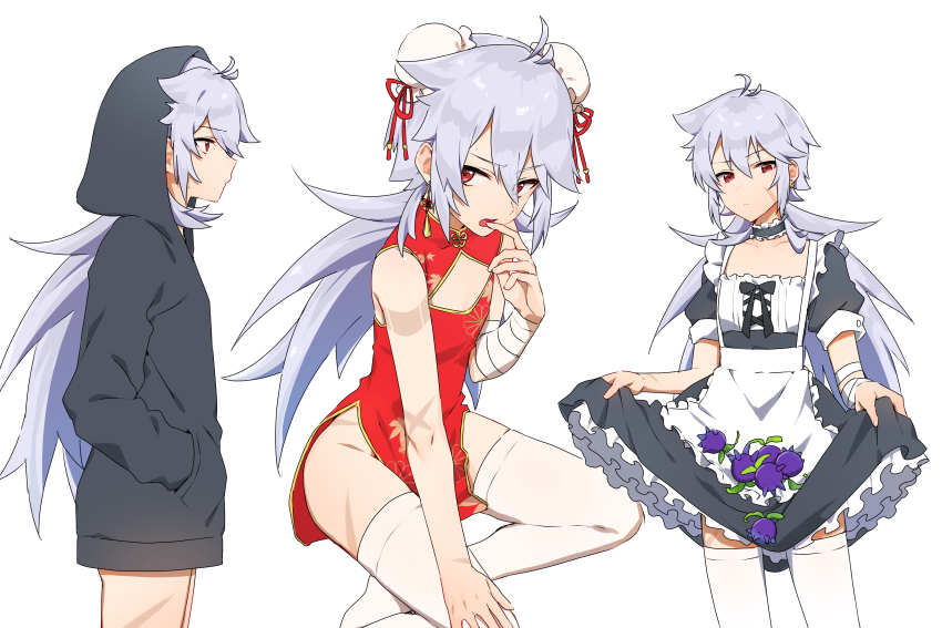 1boy, absurdres, ahoge, alternate_costume, androgynous, apron, bandaged_arm, bandages