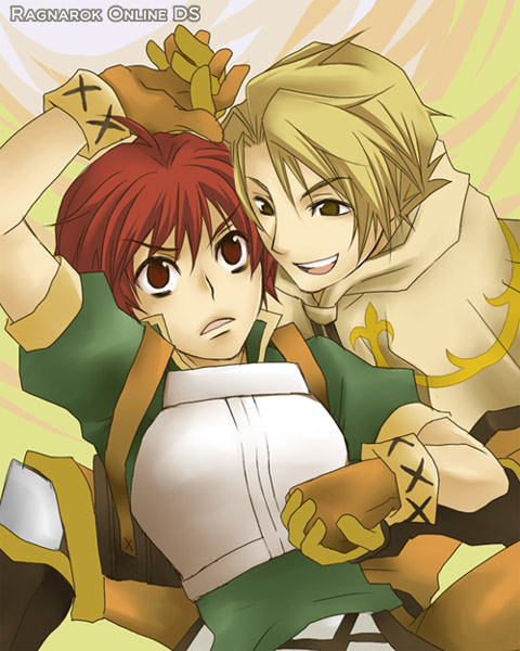 2boys, ales_(rods), armor, armored_boots, asymmetrical_hair, belt, blonde_hair, boots, breastplate, brown_eyes, brown_footwear, brown_gloves, brown_pants, brown_shirt, brown_shorts, capelet, commentary_request, copyright_name, gloves, green_shirt, hair_between_eyes, interlocked_fingers, looking_at_another, lucifi_(rods), multiple_boys, novice_(ragnarok_online), open_mouth, pants, ragnarok_online, ragnarok_online_ds, red_eyes, red_hair, shirt, short_hair, shorts, sptbird, swordsman_(ragnarok_online), upper_body, white_capelet, yaoi