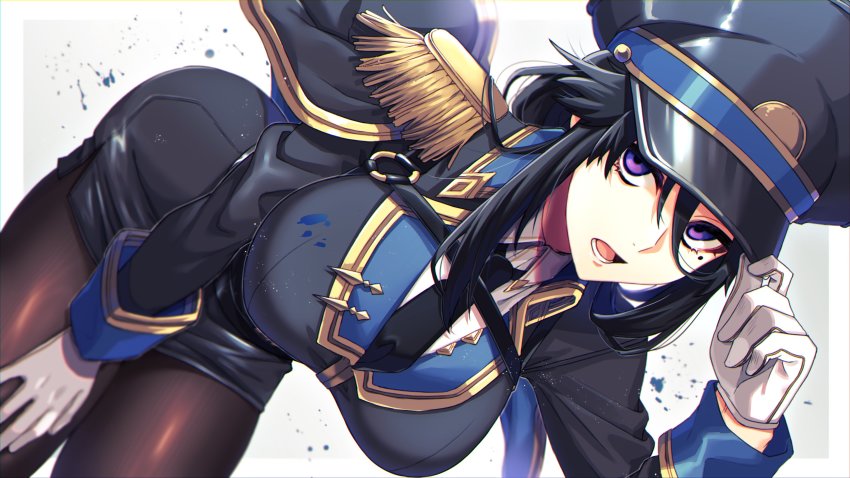 1girl, absurdres, bent_over, black_hair, breasts, commentary_request, cowboy_shot, gloves