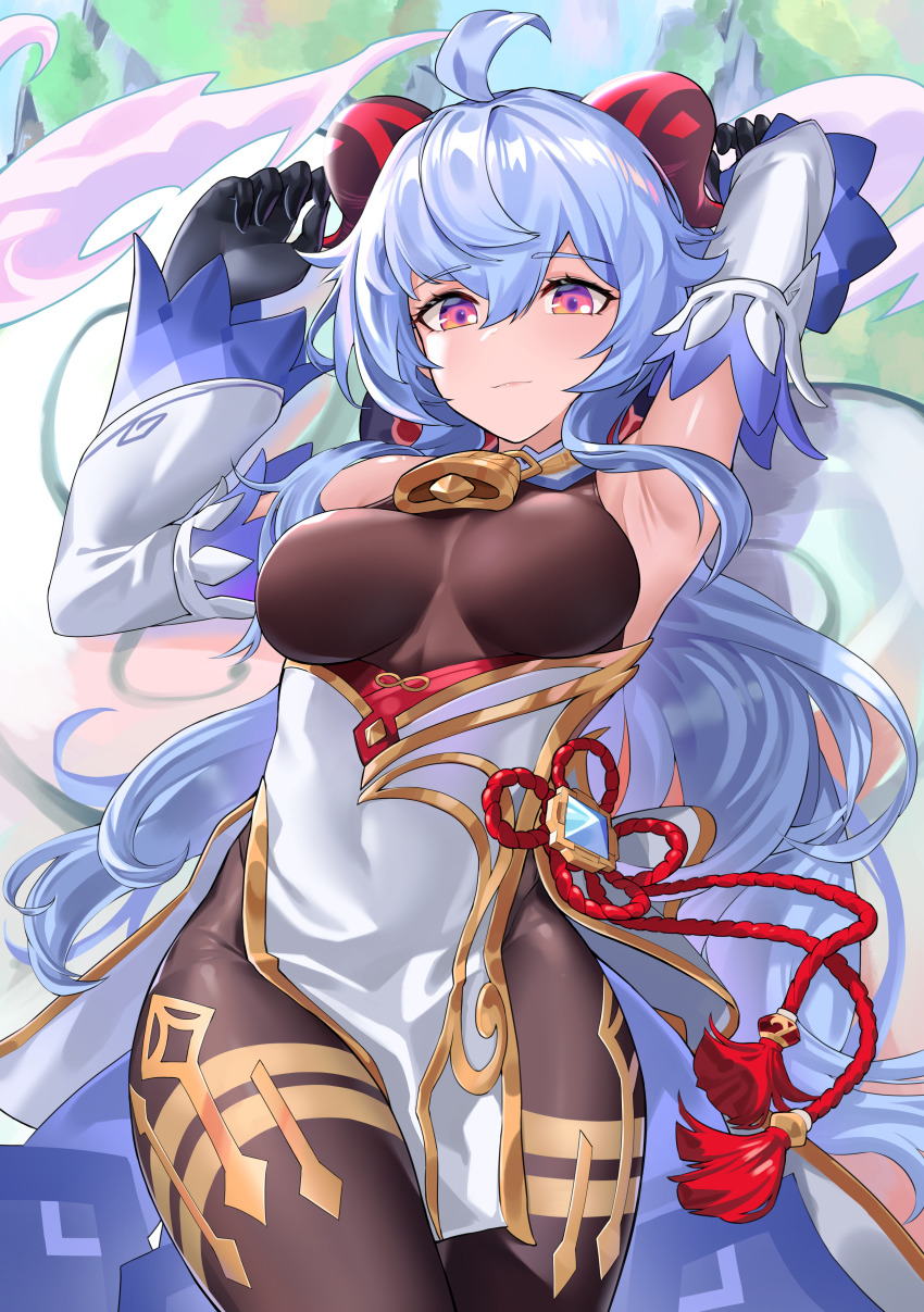 1girl, absurdres, ahoge, armpits, arms_up, bell, black_gloves, black_pantyhose