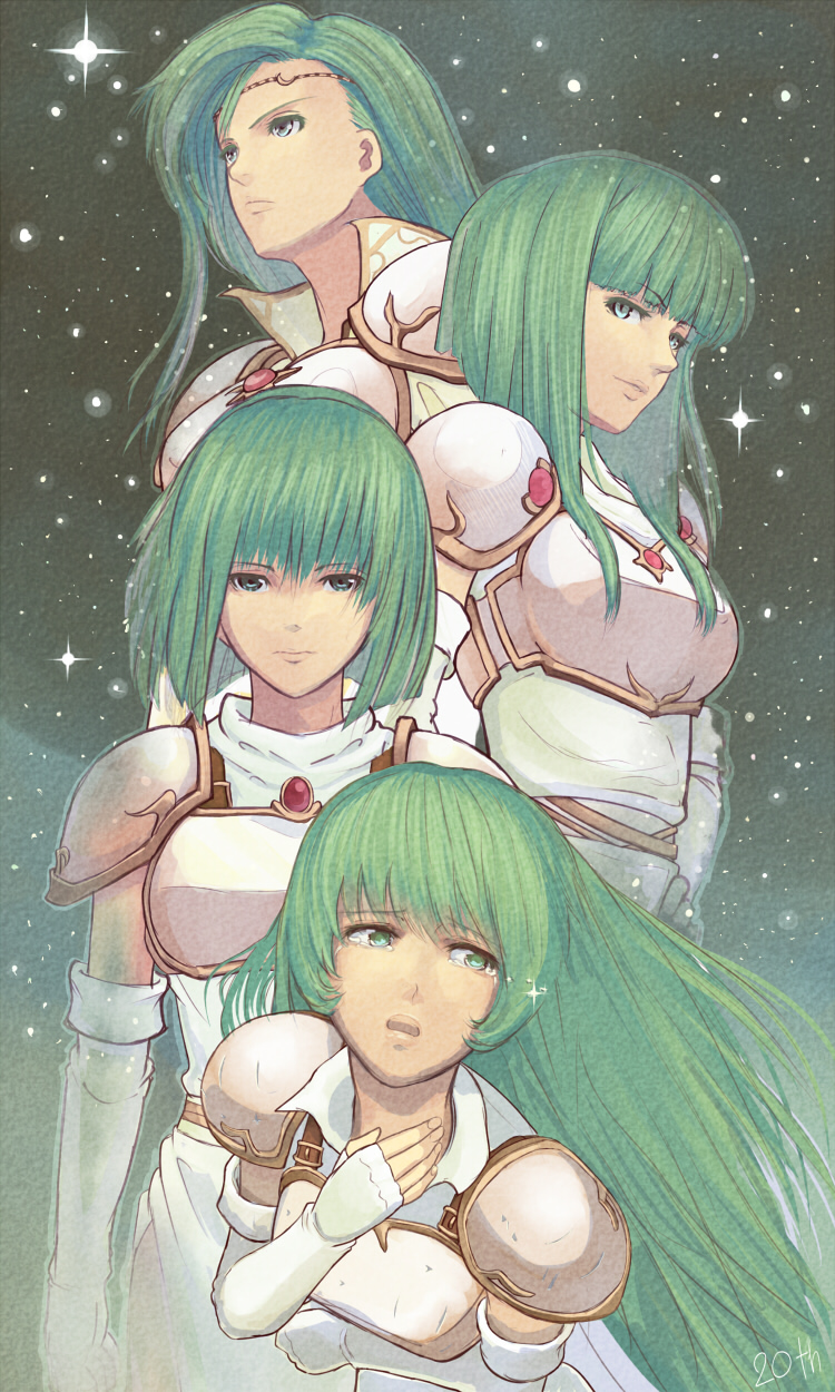 4girls, annand_(fire_emblem), armor, bob_cut, closed_mouth, crying, dithorba_(fire_emblem), elbow_gloves, erinys_(fire_emblem), female_focus, fingerless_gloves, fire_emblem, fire_emblem:_genealogy_of_the_holy_war, gloves, green_eyes, green_hair, hand_on_own_hip, hand_on_own_chest, high_collar, highres, long_hair, looking_at_viewer, matching_hair/eyes, multiple_girls, nintendo, pamela_(fire_emblem), parted_lips, short_hair, shoulder_armor, sky, star_(sky), starry_sky, tears, trait_connection, very_long_hair, white_armor, white_gloves