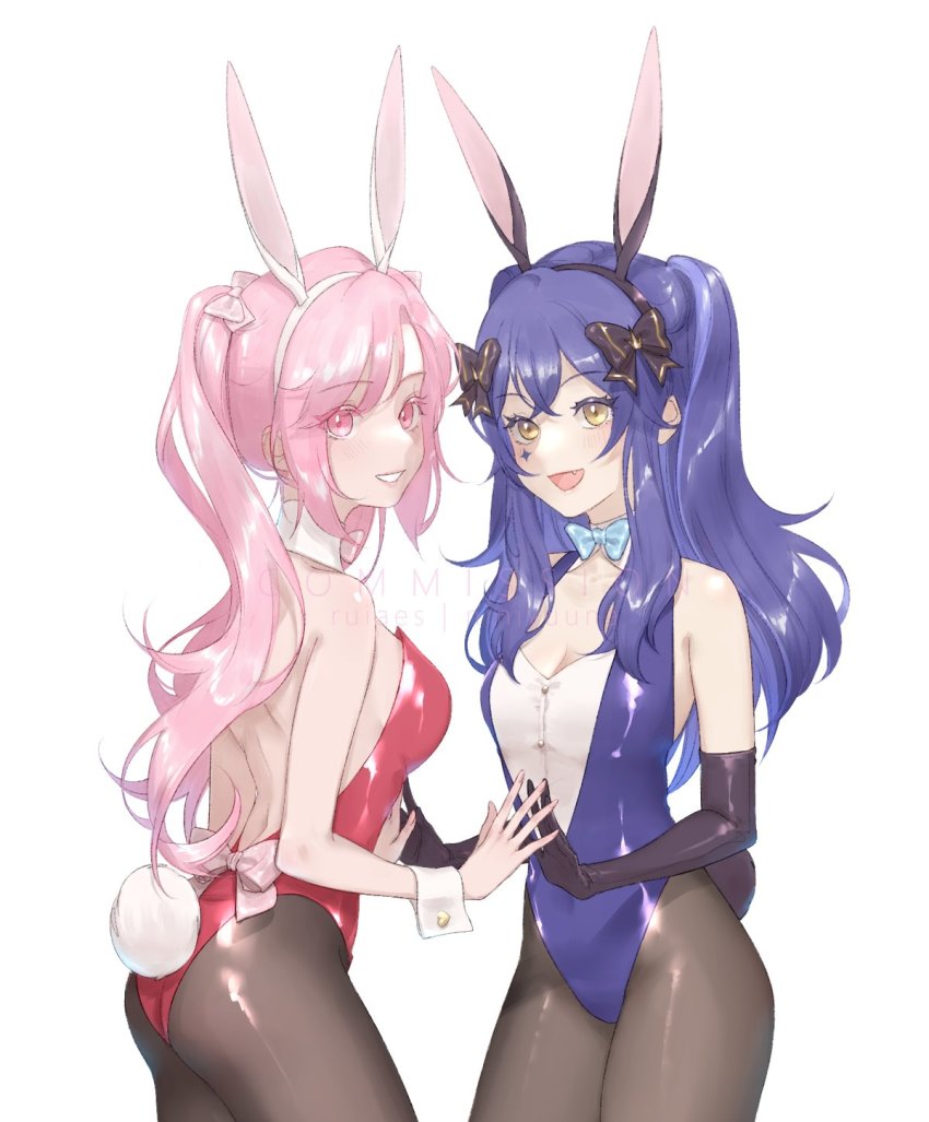 2girls, alternate_costume, animal_ears, black_bow, black_gloves, bow, breasts, cleavage