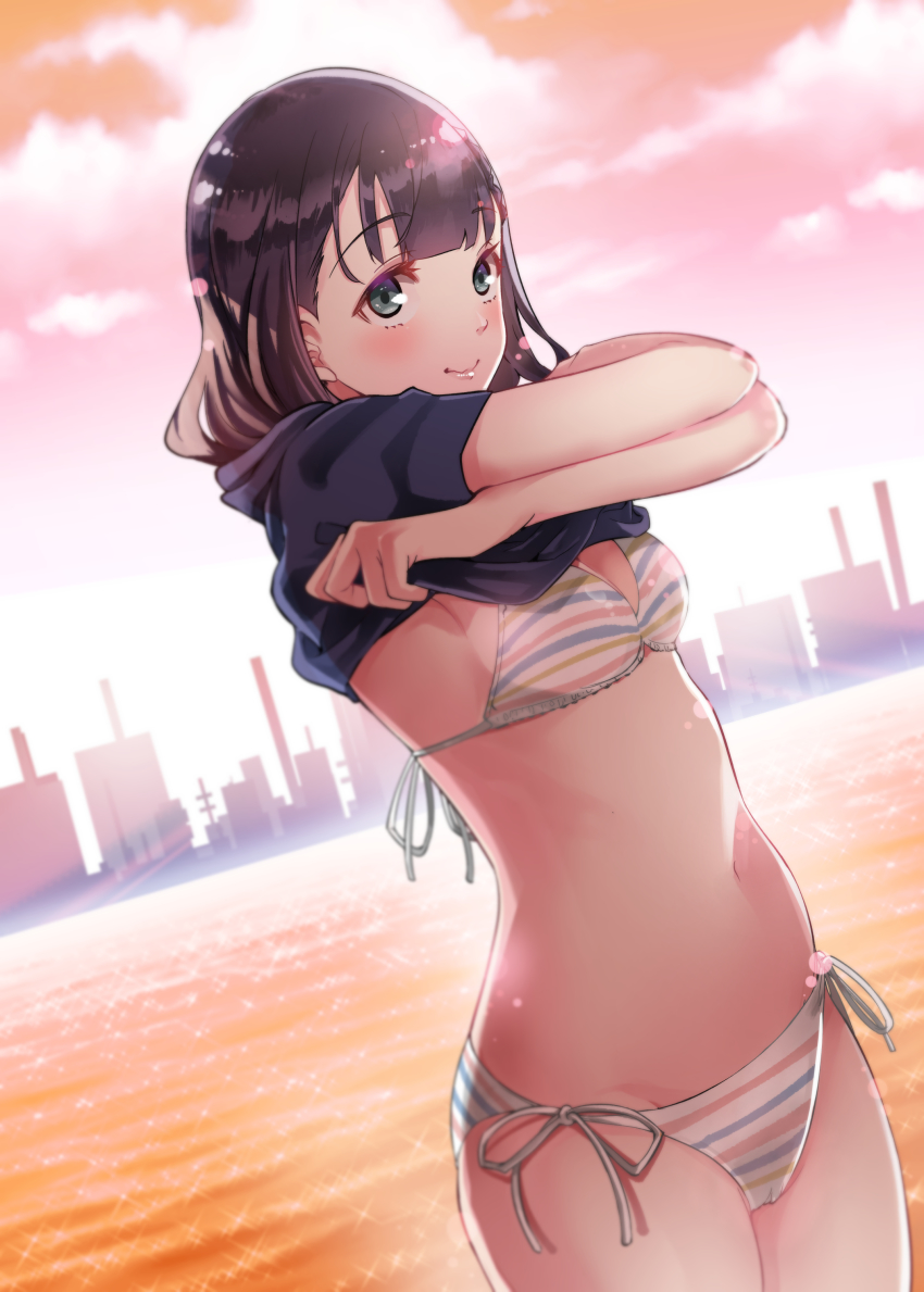1girl, absurdres, bikini, black_hair, blunt_bangs, breasts, brown_eyes, cityscape, cloud, commentary_request, cowboy_shot, duplicate, highres, looking_at_viewer, medium_breasts, ocean, orange_sky, outdoors, sakayama_shinta, shiraishi_yuzuki, short_hair, side-tie_bikini_bottom, sky, solo, sora_yori_mo_tooi_basho, striped_bikini, striped_clothes, sun, sunset, swimsuit, undressing, water