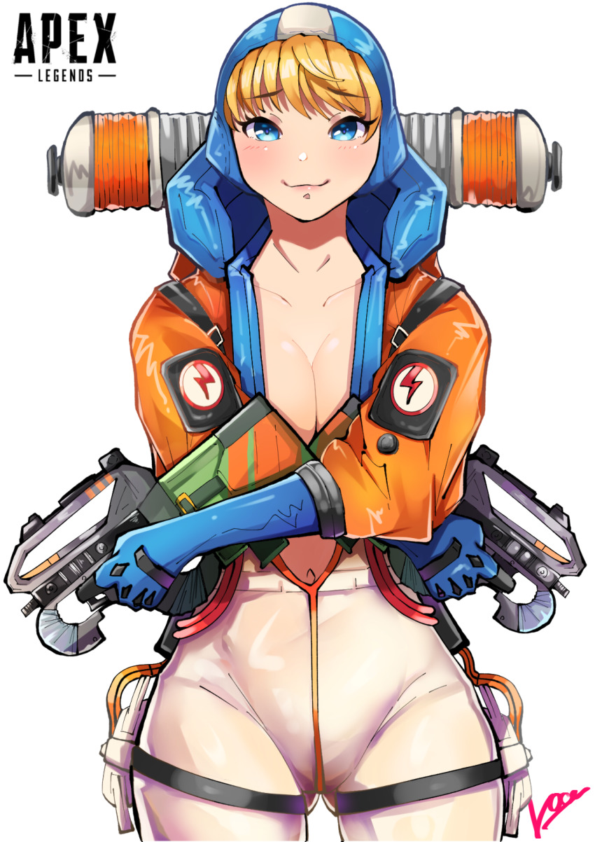 1girl, animification, apex_legends, backpack, bag, blonde_hair, blue_eyes, blue_headwear, blush, bodysuit, breasts, cleavage, collarbone, copyright_name, dual_wielding, gun, highres, holding, holding_gun, holding_weapon, hood, hooded_jacket, jacket, loa_(loa_apex_more), logo, medium_breasts, navel, open_bodysuit, open_clothes, orange_jacket, prowler_smg, smile, submachine_gun, thigh_strap, wattson_(apex_legends), weapon, white_bodysuit