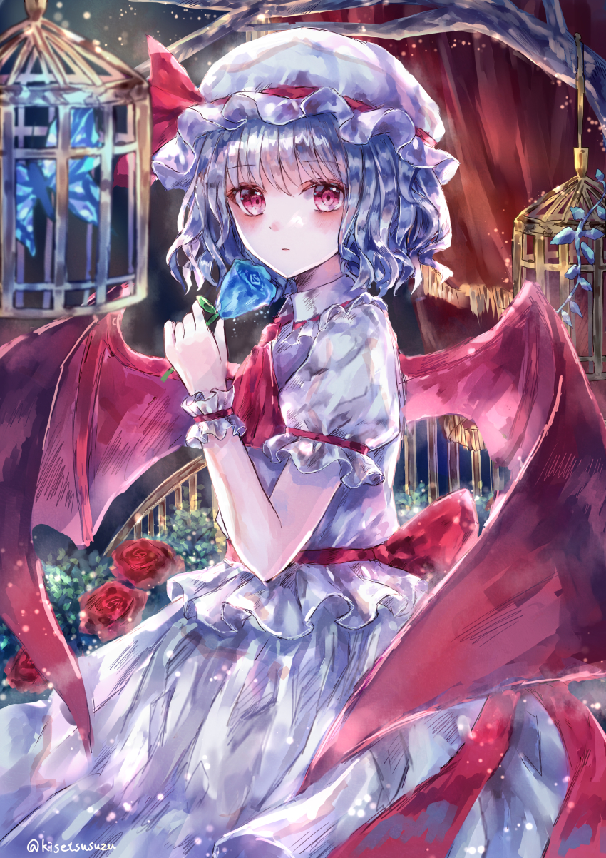 1girl, absurdres, artist_name, ascot, back_bow, bare_tree, bat_wings, blue_flower