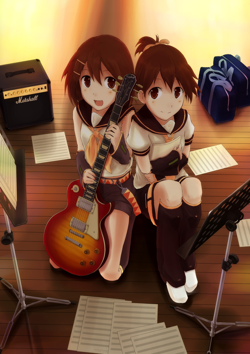 2girls, amplifier, bad_id, bad_pixiv_id, bag, brown_hair, cosplay, guitar