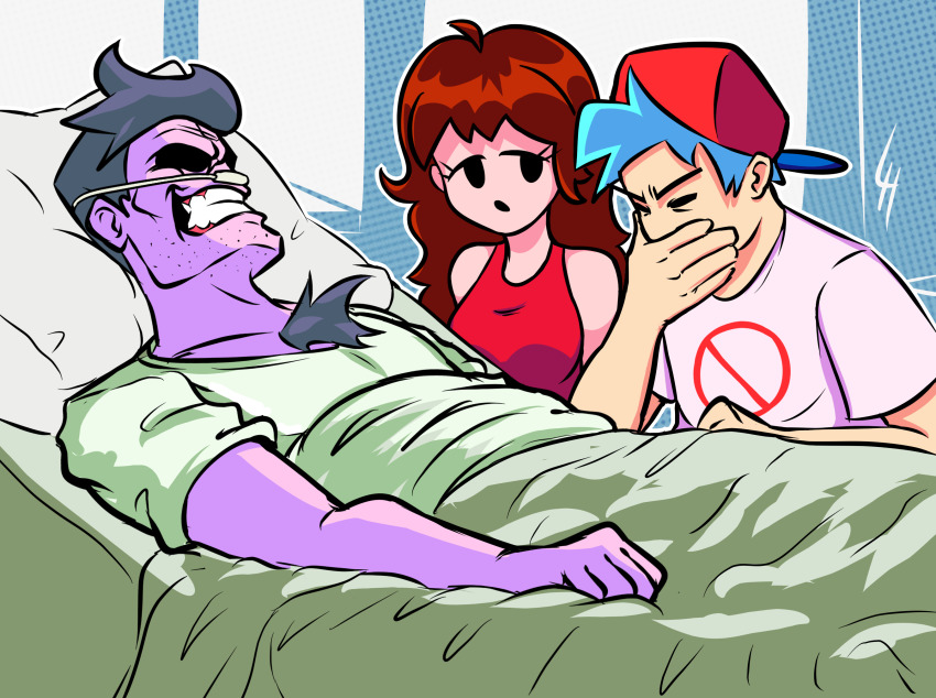 1girl, 2boys, backwards_hat, beatboxing, bed, blue_hair, boyfriend_(friday_night_funkin'), breathing_tube, brown_hair, chest_hair, colored_skin, commentary, crying, daddy_dearest, english_commentary, facial_hair, father_and_child, father_and_daughter, friday_night_funkin', girlfriend's_dad_(friday_night_funkin'), girlfriend_(friday_night_funkin'), grin, hat, highres, hospital_bed, indoors, limehazard, lying, meme, multiple_boys, nasal_cannula, no_symbol, parent_and_child, purple_skin, red_headwear, sleeveless, smile, solid_eyes, stubble, wikihow
