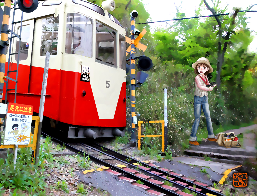 1girl, blush, brown_hair, brown_shoes, cable_car, chutohampa, denim, jeans