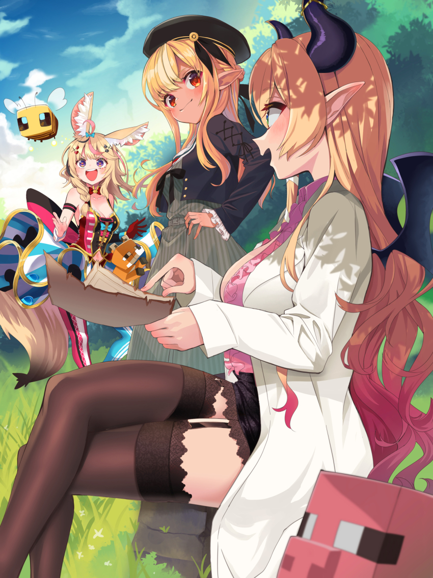 absurdres, ahoge, animal_ears, bee_(minecraft), blonde_hair, blue_eyes, blush, bow