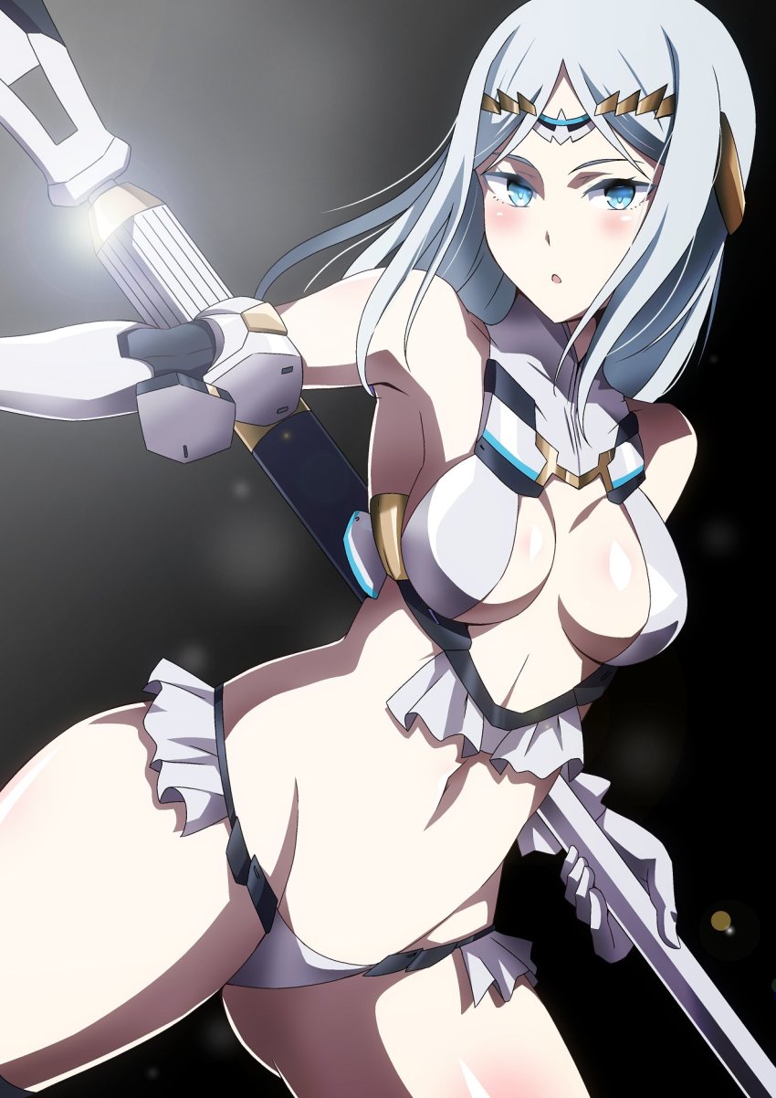 1girl, bare_shoulders, bikini, blue_eyes, blush, breasts, cleavage, elbow_gloves, fate/grand_order, fate_(series), galatea_(fate), gloves, halterneck, hara_(harayutaka), highres, joints, long_hair, looking_at_viewer, medium_breasts, navel, open_mouth, pale_skin, parted_bangs, polearm, robot_joints, swimsuit, thighhighs, thighs, tiara, weapon, white_bikini, white_gloves, white_hair, white_thighhighs