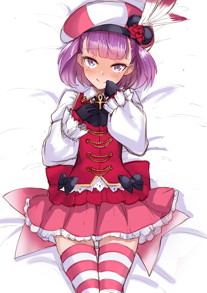 1girl, blouse, blush, breasts, collared_shirt, fate/grand_order, fate_(series), gloves, hat_feather, helena_blavatsky_(fate), helena_blavatsky_(lostroom_outfit)_(fate), helena_blavatsky_(that's_so_mahatmau2606)_(fate), looking_at_viewer, official_alternate_costume, pink_thighhighs, purple_eyes, purple_hair, senbon_tsuki, shirt, small_breasts, smile, solo, striped_clothes, striped_thighhighs, thighhighs, thighs, white_shirt, white_sleeves
