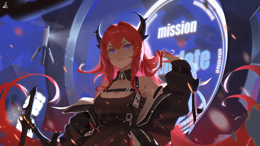 1girl, arknights, backlighting, bare_shoulders, crossed_bangs, detached_collar, dress, english_text, hand_in_own_hair, highres, holding, holding_weapon, kevin_(tiancaimland), long_hair, looking_at_viewer, off_shoulder, purple_eyes, red_hair, smug, solo, surtr_(arknights), sword, weapon