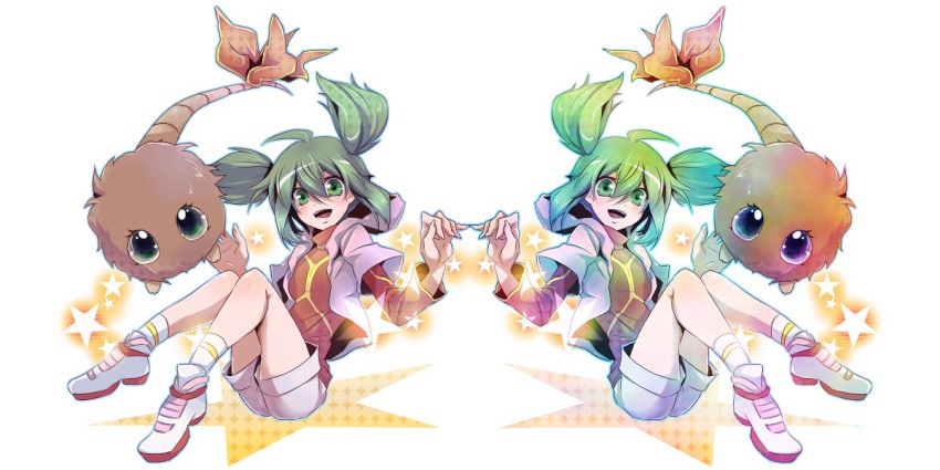 00s, 2girls, ahoge, dual_persona, duel_monster, green_eyes, green_hair, kuriboh