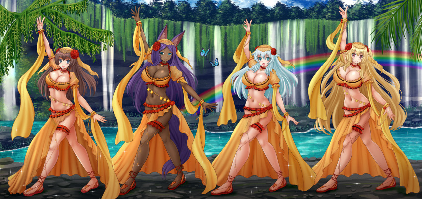 4girls, anne_bonny_(fate), artemis_(fate), belly, blonde_hair, breasts, brown_hair, bug, butterfly, cleavage, commentary, commission, dancer, dancing, english_commentary, fate/grand_order, fate_(series), grey_eyes, highres, insect, kazenokaze, large_breasts, looking_at_viewer, mata_hari_(fate), midriff, multiple_girls, navel, orange_veil, purple_hair, queen_of_sheba_(fate), rainbow, red_eyes, veil, water, waterfall, white_hair
