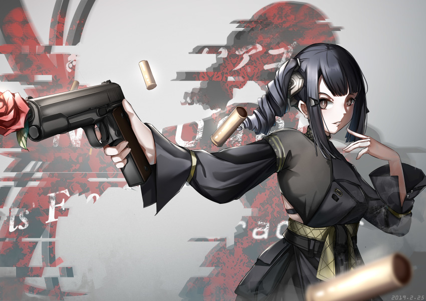 1girl, absurdres, black_dress, black_hair, breasts, brown_eyes, cartridge, dress