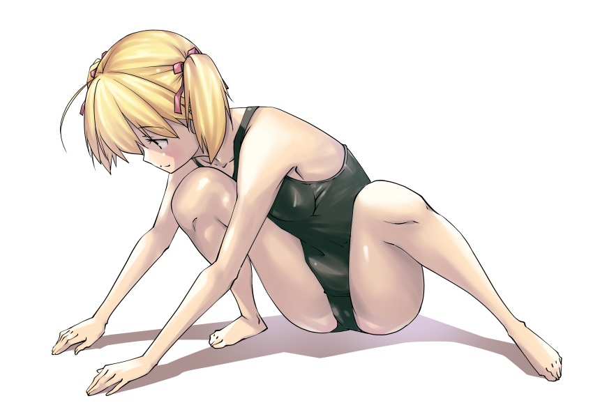 1girl, absurdres, ahoge, black_one-piece_swimsuit, blonde_hair, closed_mouth, highres, itosugi_masahiro, m_legs, one-piece_swimsuit, original, pink_ribbon, ribbon, school_swimsuit, short_hair, simple_background, spread_legs, swimsuit, twintails, white_background