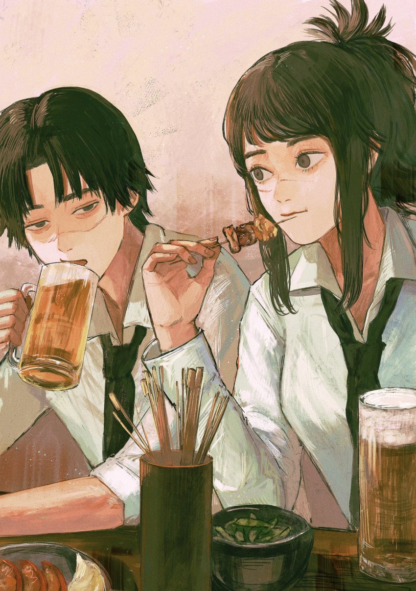 1boy, 1girl, alcohol, bags_under_eyes, beer, beer_mug, black_hair, chainsaw_man