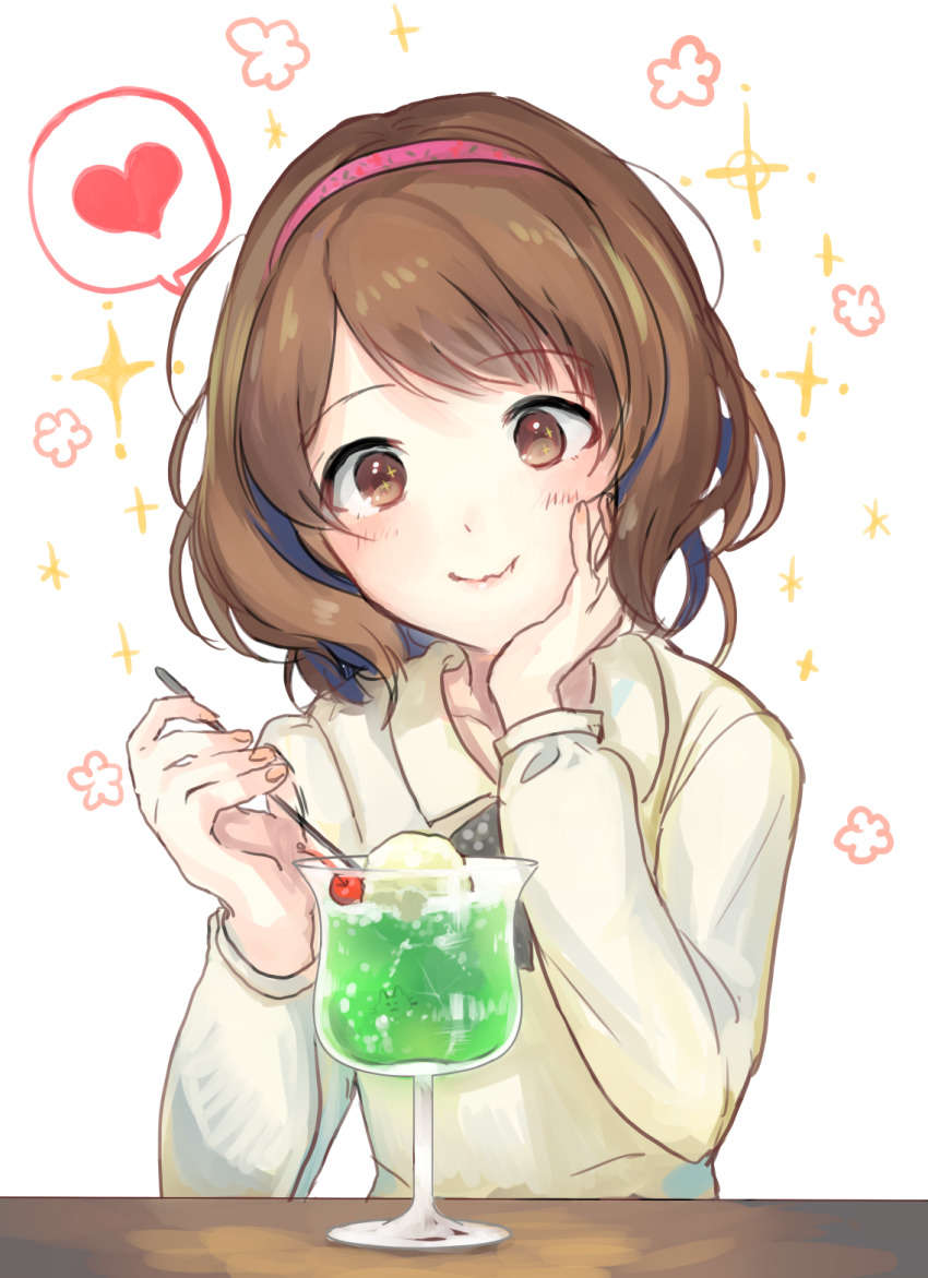 1girl, blush, brown_hair, cherry, floral_print, food, fruit, hand_on_own_cheek