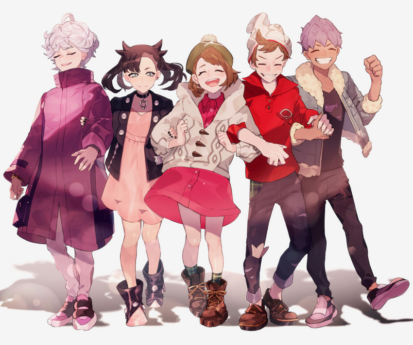 2girls, 3boys, ahoge, asymmetrical_bangs, bag, beanie, bede_(pokemon), black_choker