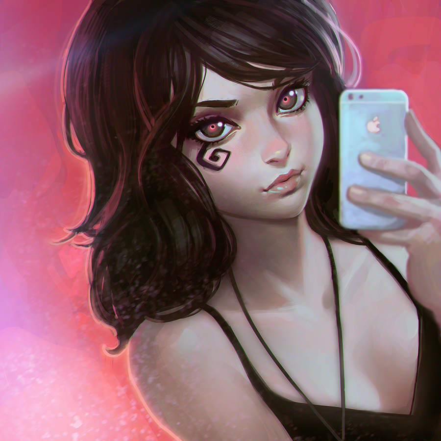 1girl, black_eyes, black_hair, death_(sandman), holding, holding_phone, ilya_kuvshinov, long_hair, looking_at_viewer, phone, pink_background, pink_eyes, solo, spiral, the_sandman_(dc), upper_body