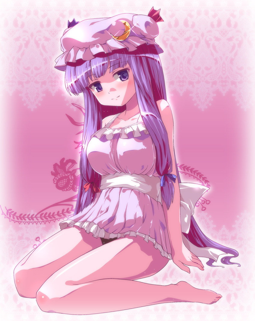 1girl, barefoot, colorized, crescent, crescent_moon, feet, female_focus, hat