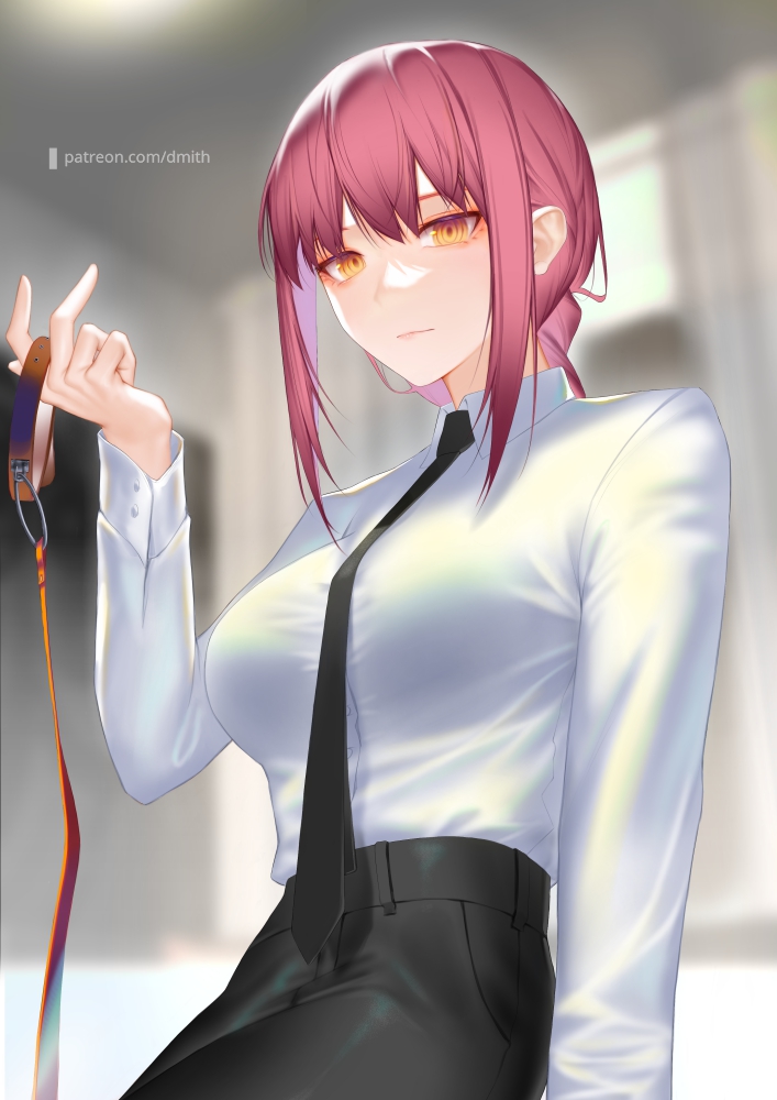 1girl, animal_collar, black_necktie, black_pants, blurry, blurry_foreground, braid, braided_ponytail