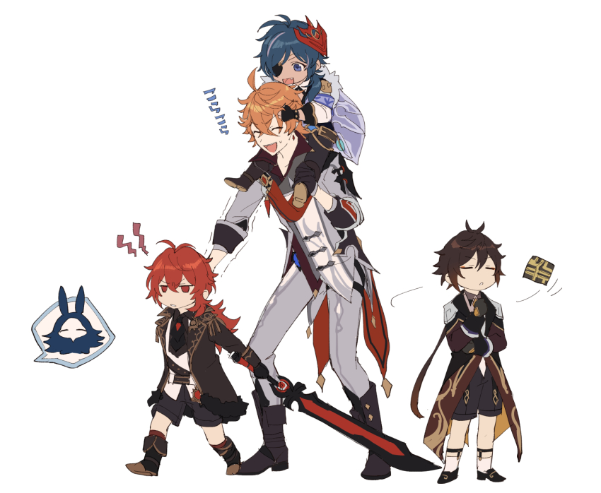 4boys, abyss_mage, aged_down, ahoge, black_gloves, black_hair, black_shorts, blue_hair