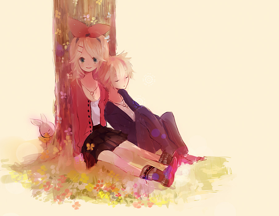 1boy, 1girl, blonde_hair, blue_eyes, brother_and_sister, rabbit, casual, hair_ornament