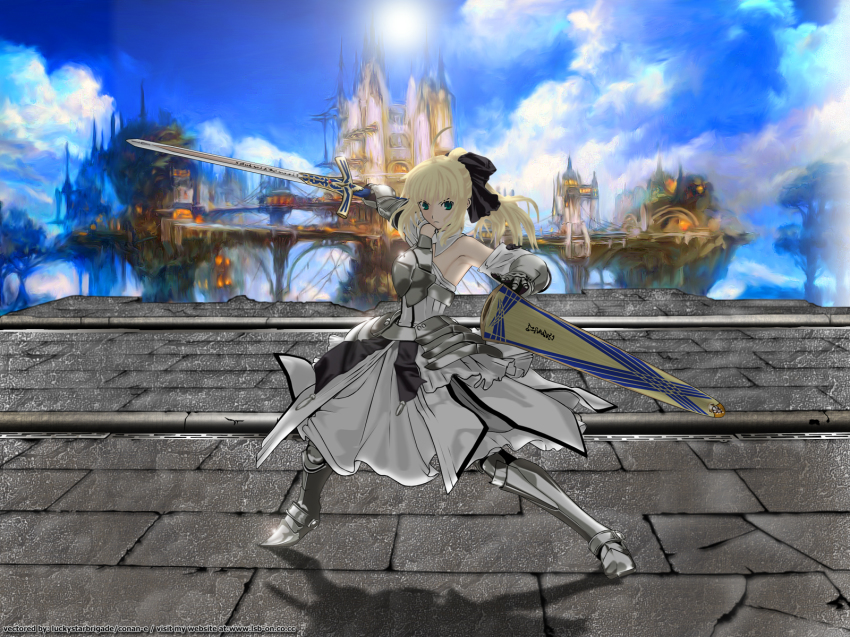 00s, 10s, 1girl, ahoge, artistic_error, artoria_pendragon_(fate), avalon_(fate), avalon_(kuroame), caliburn_(fate), capcom, castle, crossover, derivative_work, empire, excalibur_(fate/stay_night), fate/stay_night, fate/unlimited_codes, fate_(series), female_focus, final_fantasy, final_fantasy_xiv, highres, limsa_lominsa, saber_(fate), saber_lily, sheath, solo, sword, vector_trace, weapon