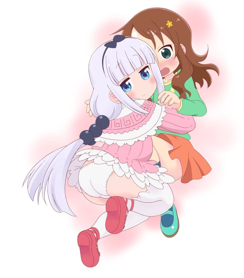 2girls, ass, blue_eyes, blush, capelet, child, dress, female_focus, hair_bobbles, hair_ornament, highres, hug, kanna_kamui, kobayashi-san_chi_no_maidragon, long_hair, multiple_girls, orange_skirt, panties, pantyshot, pink_dress, red_footwear, saikawa_riko, shirakawa_mayumi, shoes, skirt, thighhighs, twintails, underwear, white_hair, white_legwear, white_panties