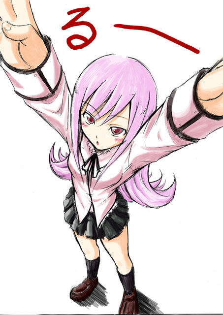 00s, \o/, arms_up, foreshortening, from_above, lucy_maria_misora, outstretched_arms, pink_hair