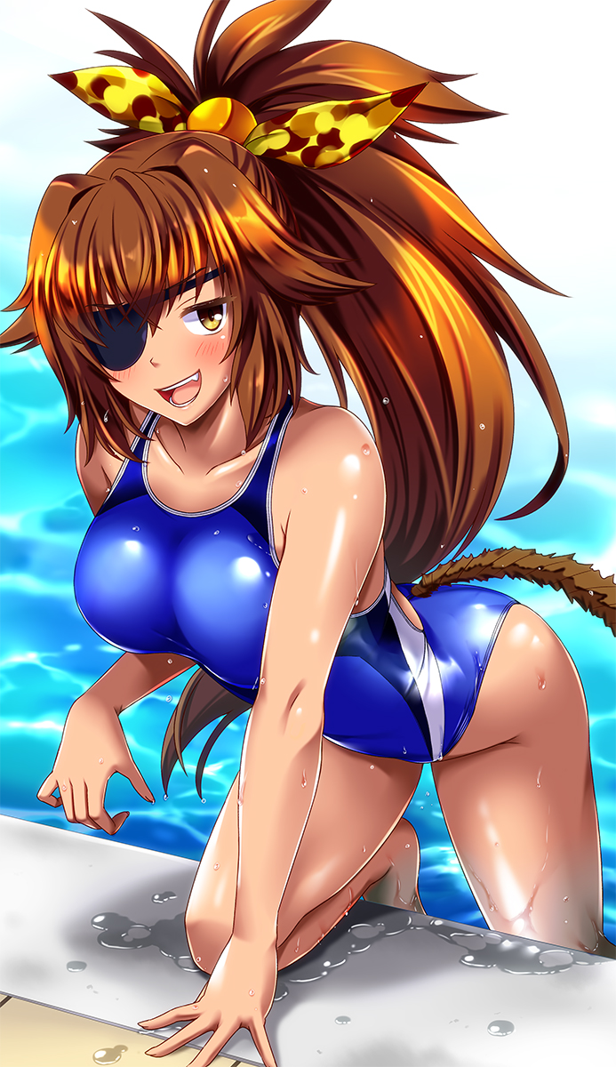1girl, all_fours, bombergirl, breasts, brown_eyes, brown_hair, collarbone, commentary_request, competition_swimsuit, dark-skinned_female, dark_skin, eyepatch, fang, hair_ribbon, highres, large_breasts, long_hair, one-piece_swimsuit, open_mouth, oren_(bombergirl), ponytail, ribbon, solo, swimsuit, tail, tan, teeth, tsuchimiya, upper_teeth_only, wet, wet_clothes, wet_swimsuit